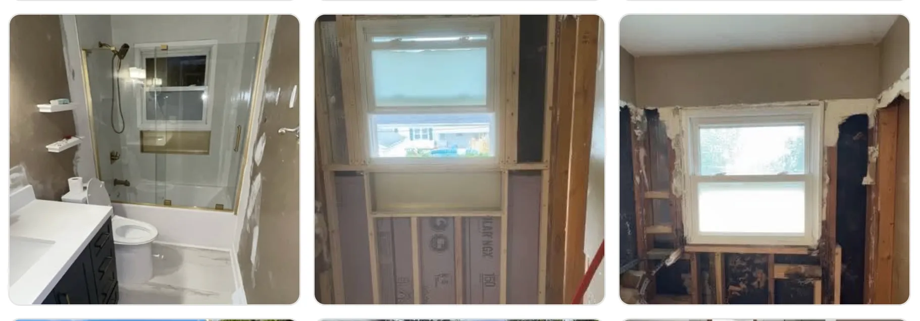 Bathroom renovation progress and finished work with a white vanity, glass shower, and new framing